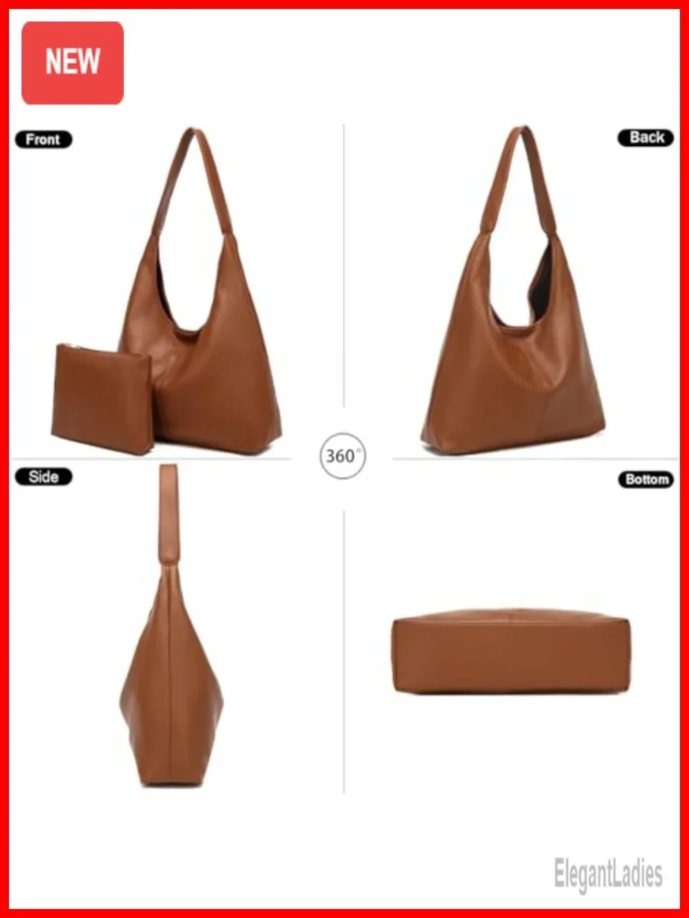 Soft Lychee PU Leather Slouchy Hobo Bag Shoulder Tote Handbag